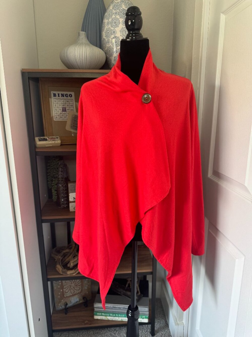 Bobeau Poppy Colored Drape Cardigan w/Off Center Wooden Button Closure - Size L